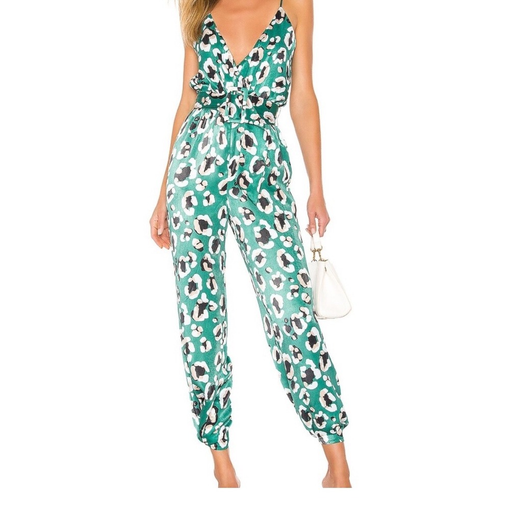 House of Harlow 1960 X Revolve Rudy Jumpsuit NEW Sz M Bold Green Leopard Print